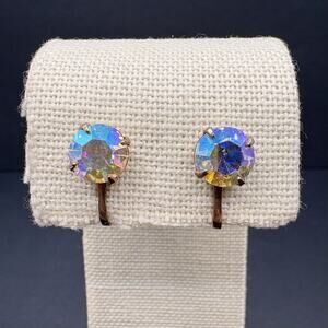 Vintage Aurora Borealis Austrian Crystal Stud Screw Back Earrings w/ Card .25"